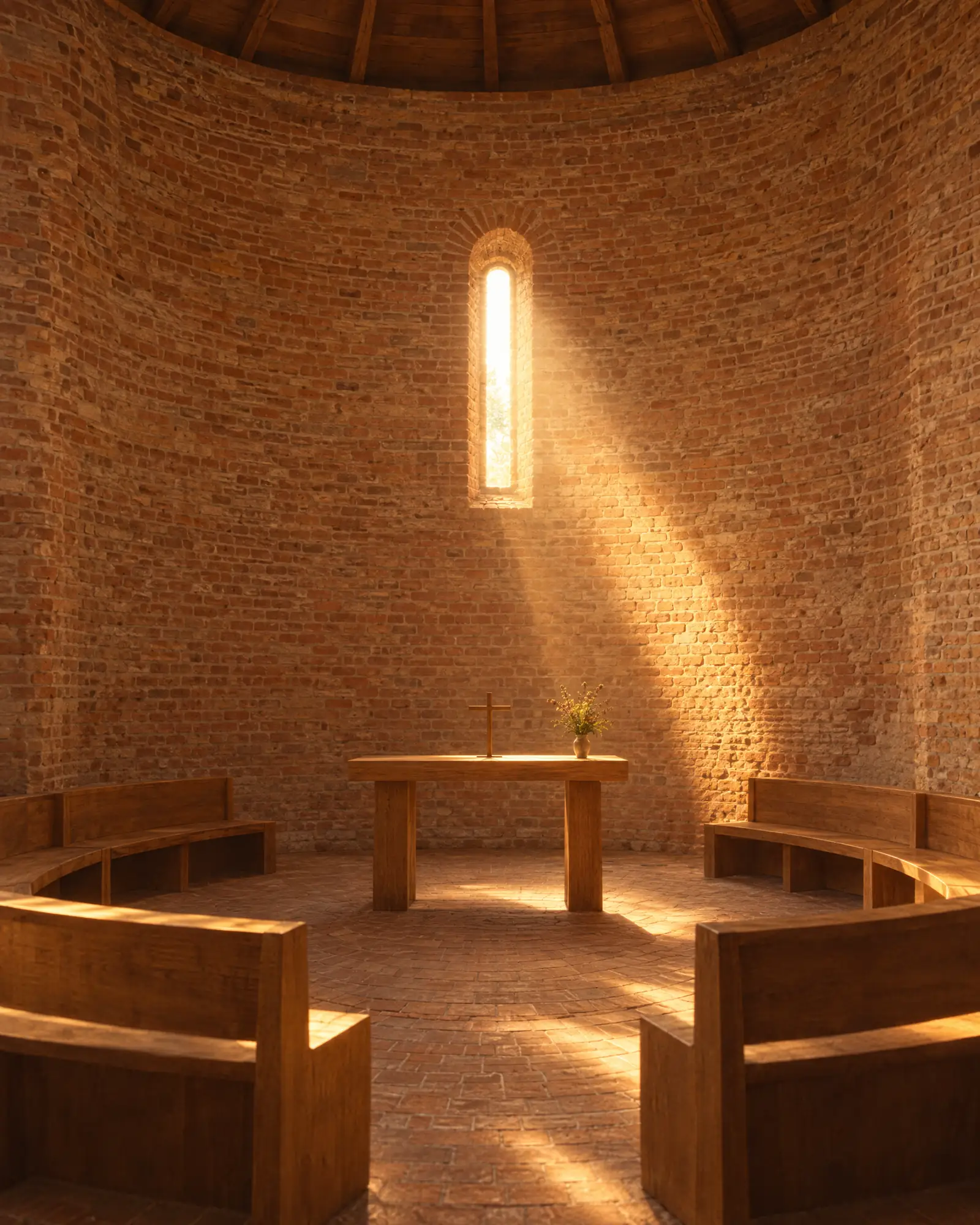 The circle of pews under the high window