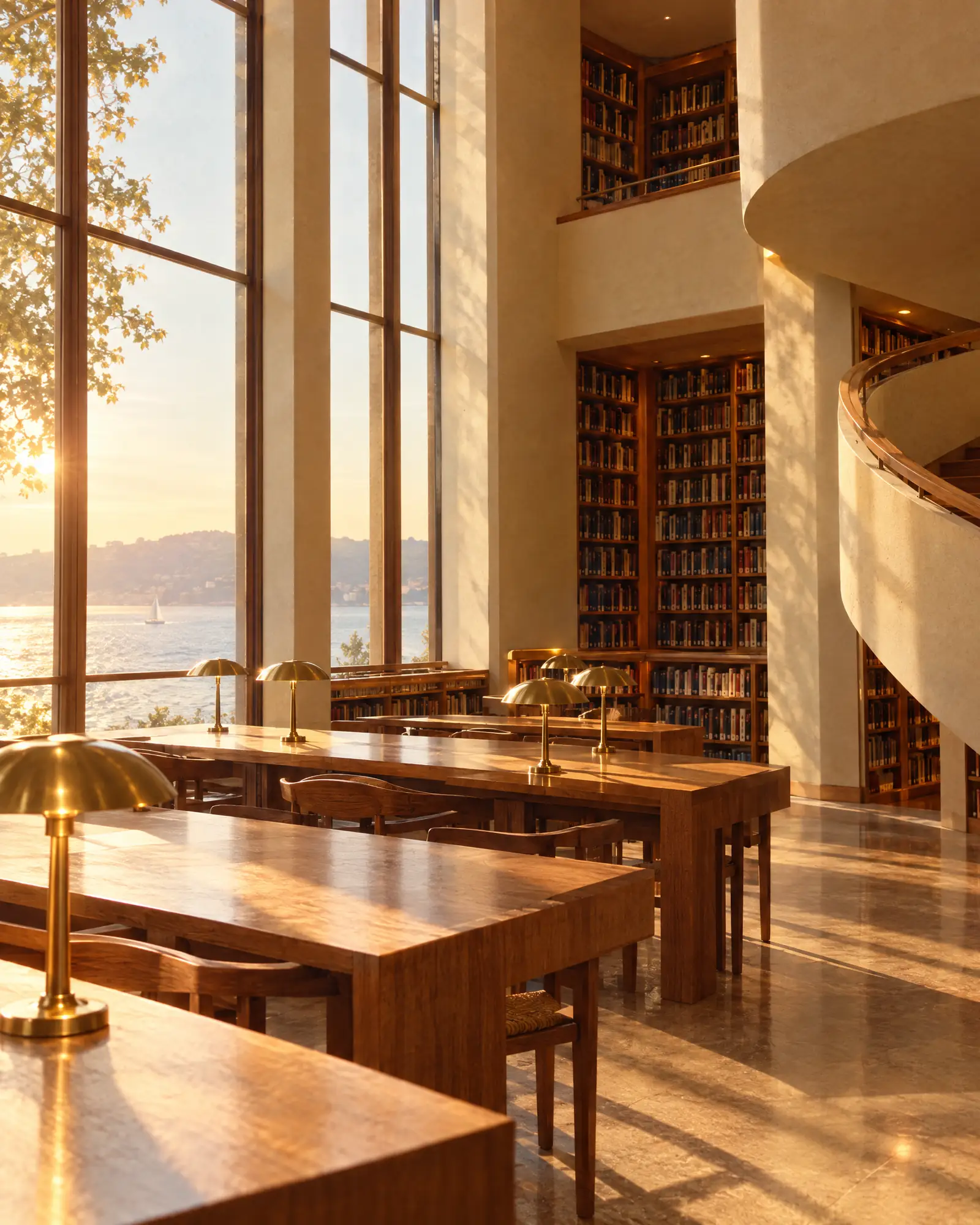 A reading room off the stair, facing the bay