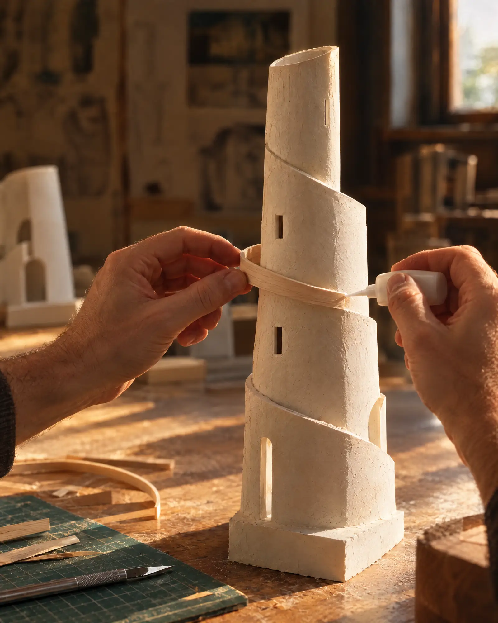 Balconies in balsa, glued one floor at a time