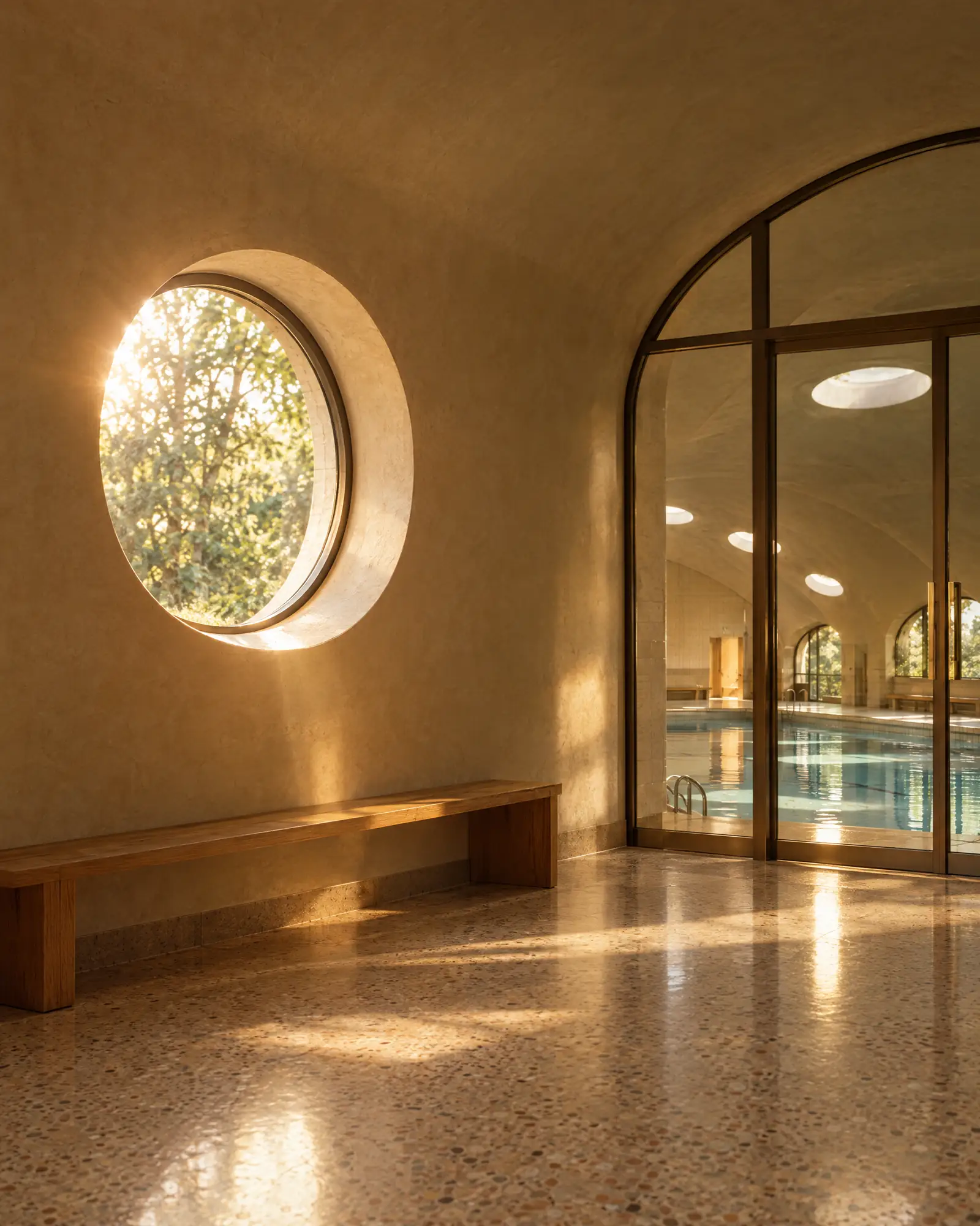 The entrance hall, terrazzo and a round window
