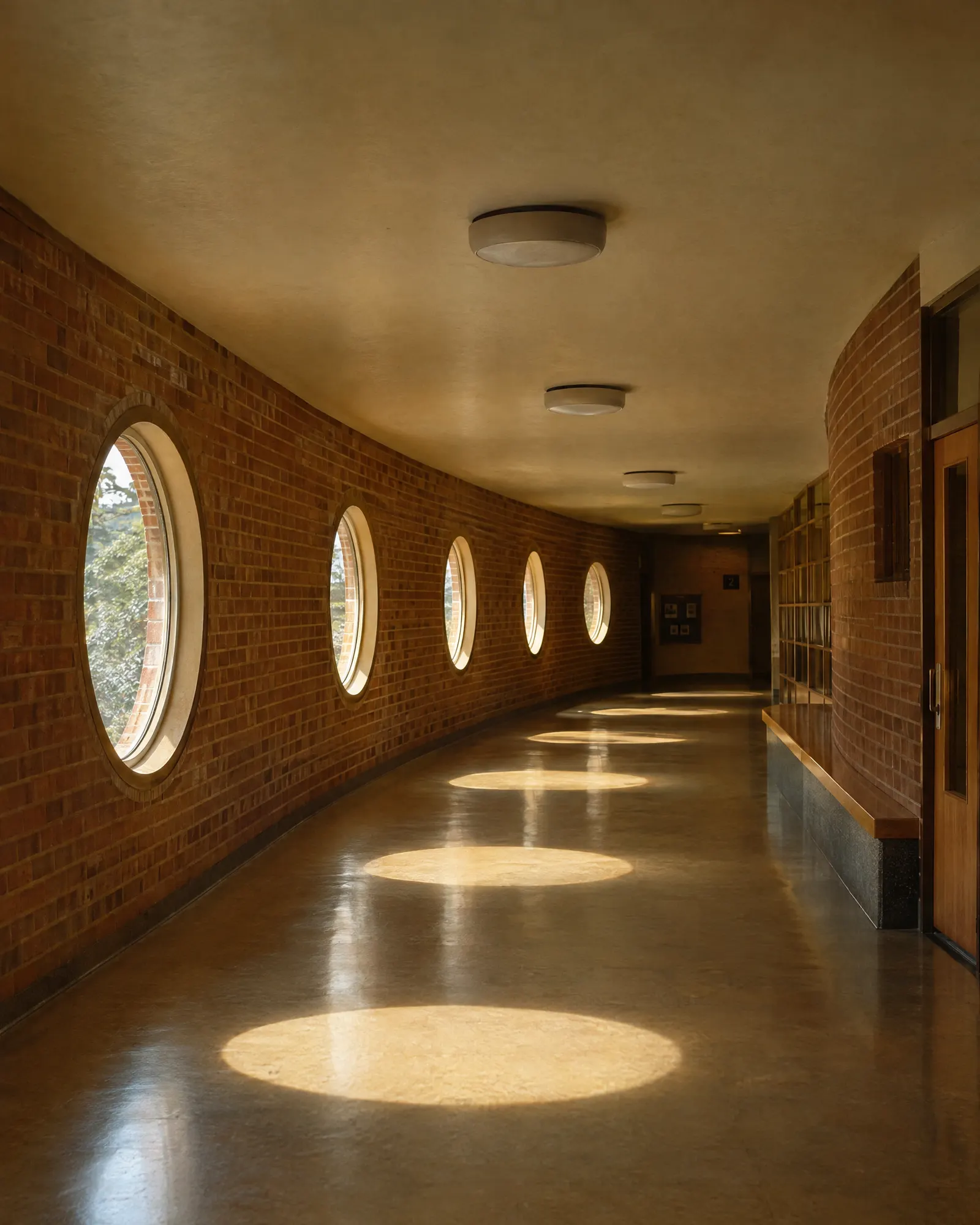 The long corridor, lit by round windows at child height